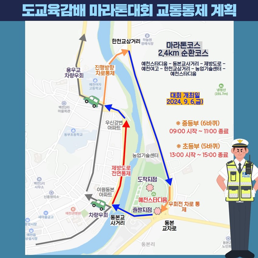 도교육감배 마라톤대회 교통통제 계획 마라톤코스 2.4km 순환코스 예천스타디움 - 동본교사거리 - 제방도로 - 예천여고 - 한천교삼거리 - 농업기술센터 - 예천스타디움 대회 개최일 2024. 9. 6.(금) ※ 중등부(6바퀴) 09:00 시작 ~ 11:00 종료 ※ 초등부(5바퀴) 13:00 시작~ 15:00 종료